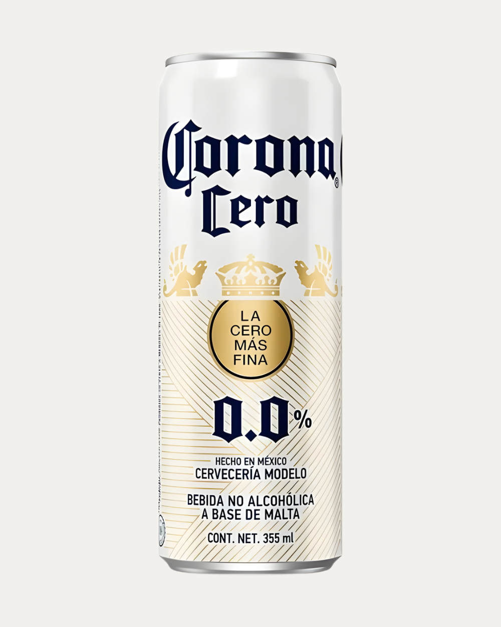 Cerveza Corona Cero en lata de 355 ml presentada en caja con 24 piezas