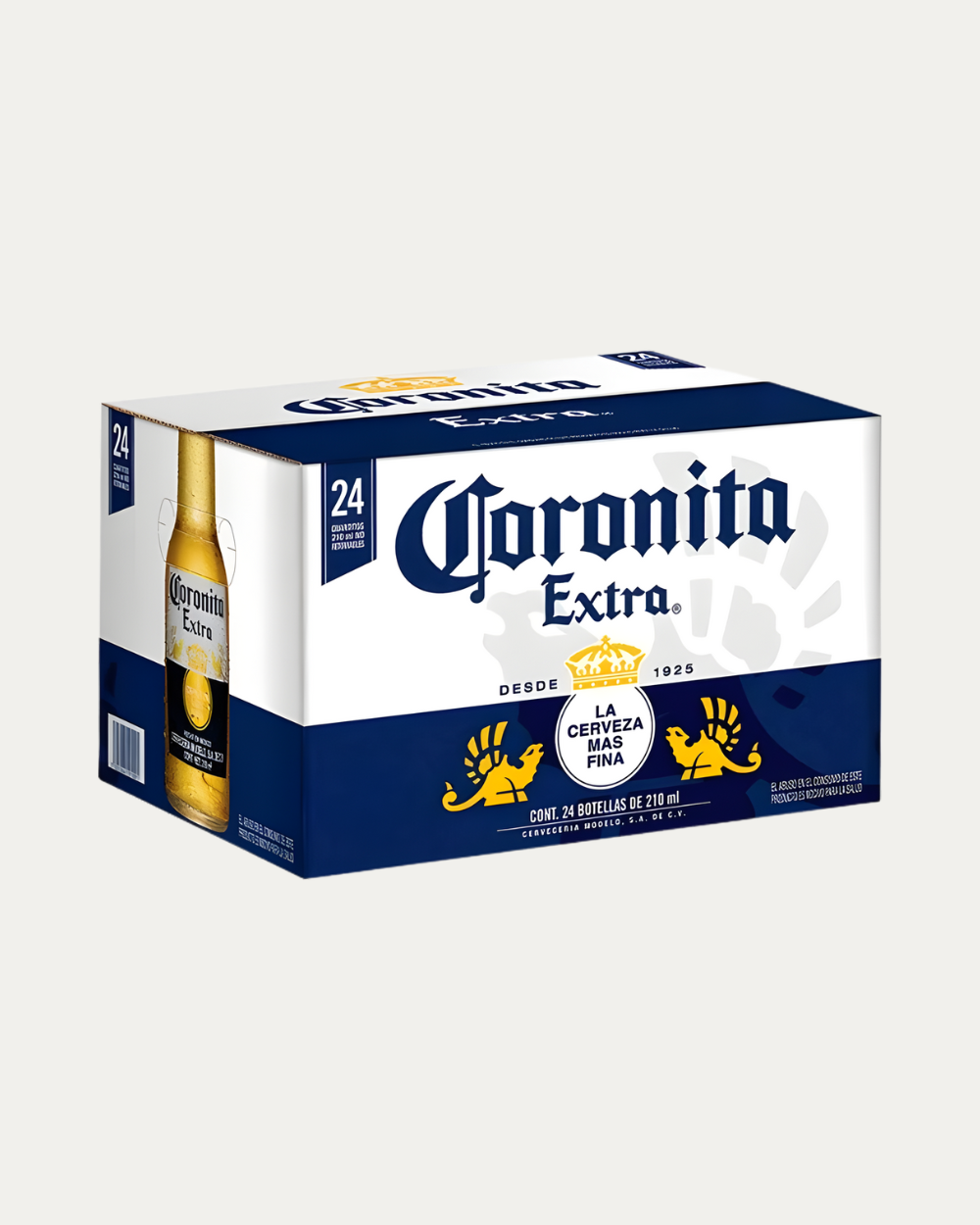 Cerveza Corona Extra clara de 210 ml presentada en caja con 24 piezas