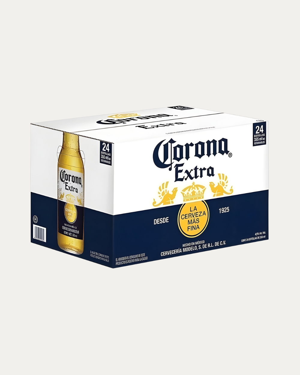 Cerveza Corona Extra clara de 355 ml presentada en caja con 24 piezas