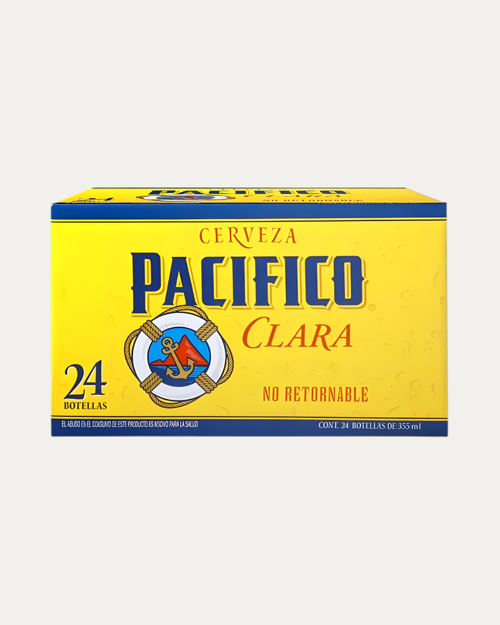 Cerveza clara Pacífico de 355 ml presentada en caja con 24 piezas.