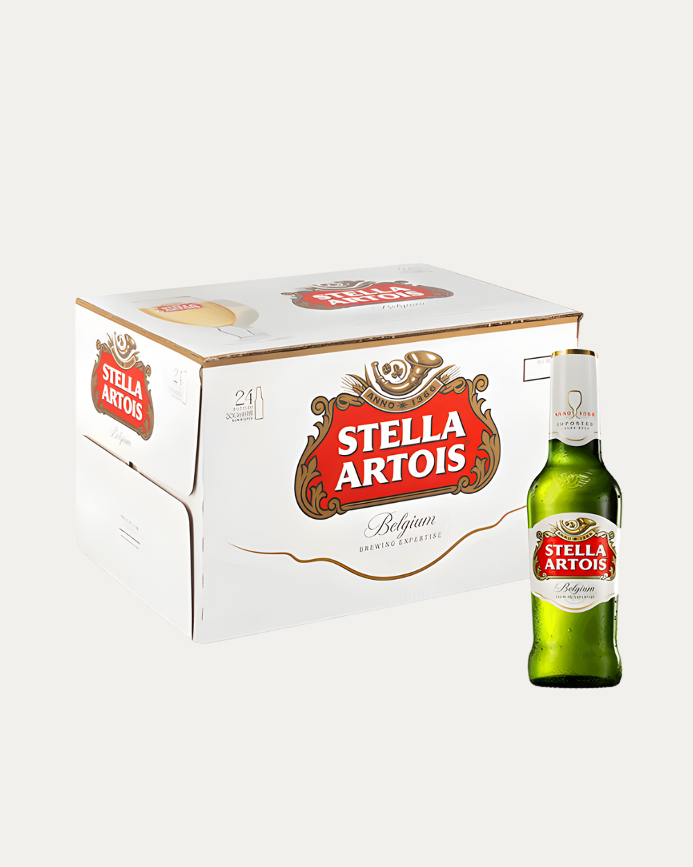 Cerveza premium Stella Artois de 330 ml presentada en caja con 24 piezas.