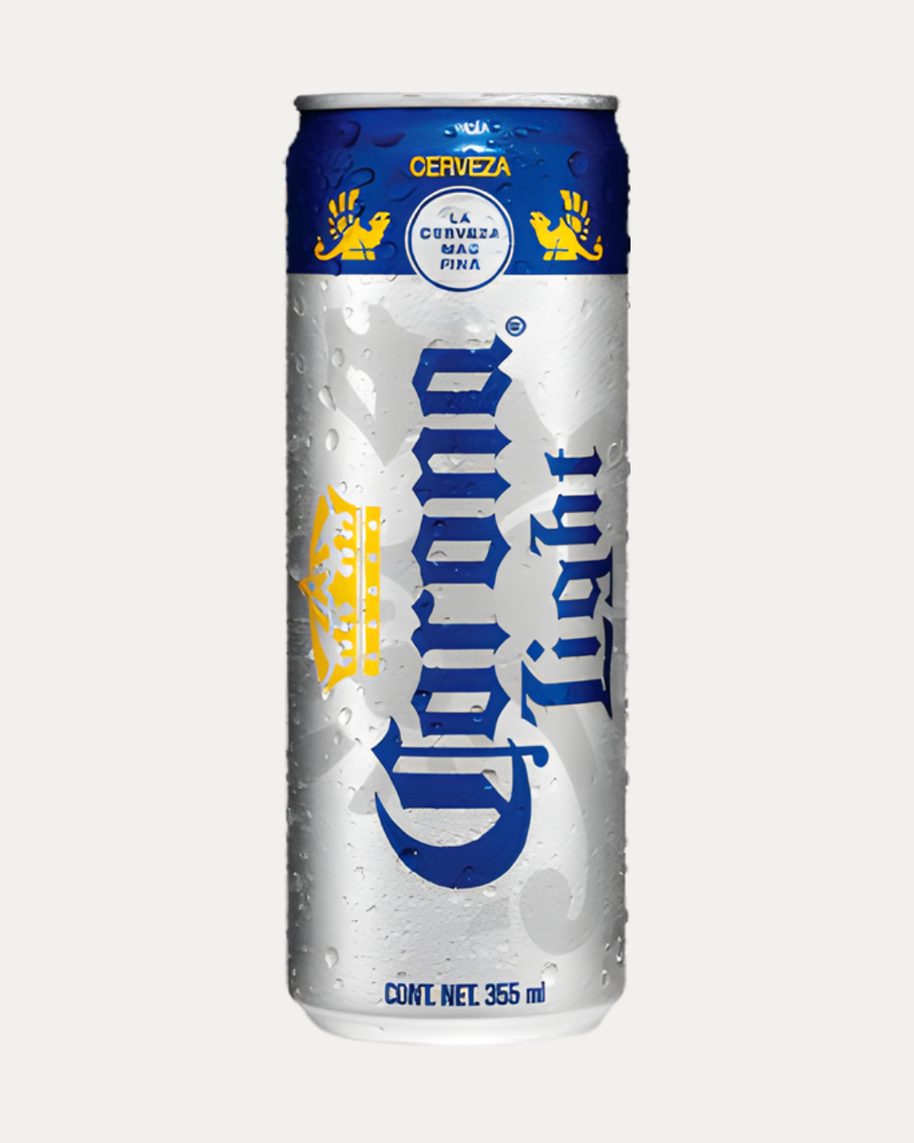 Cerveza Corona Light en lata de 355 ml presentada en caja con 24 piezas