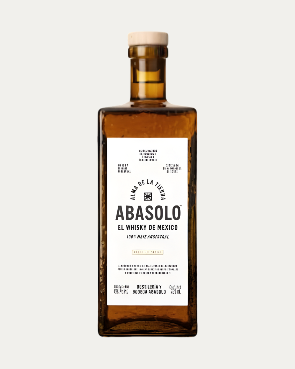 Whisky Abasolo elaborado a base de maíz de 750 ml presentado en botella individual